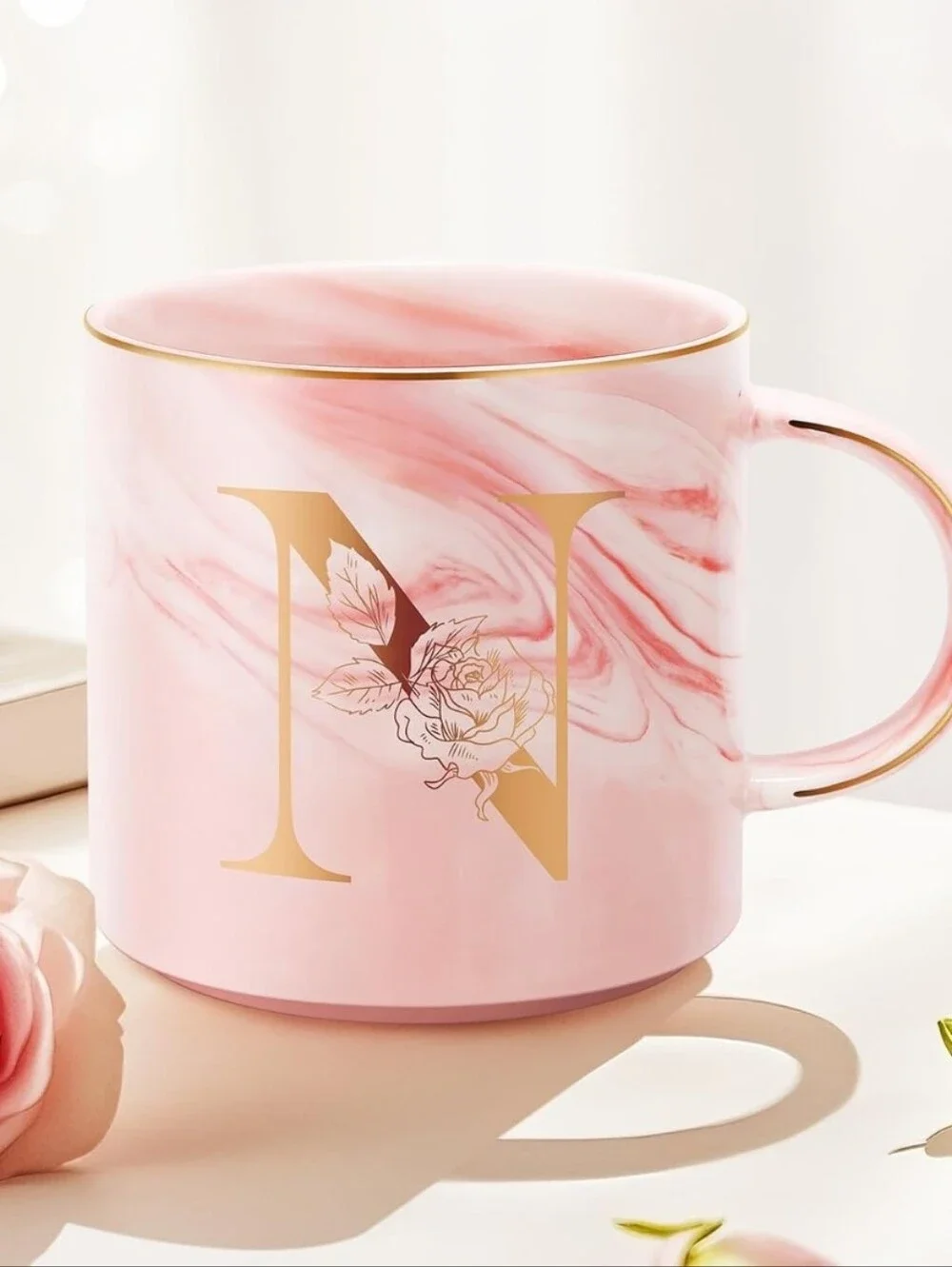 Pink Marble Ceramic Coffee Mug Letter N Gold Foil Initial & Overlay